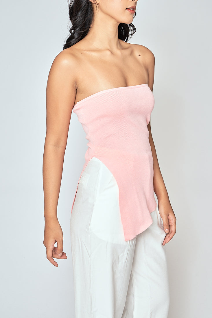 Ramona Pink Knitted Asymmetric Hem Side Slit Tube Long Top
