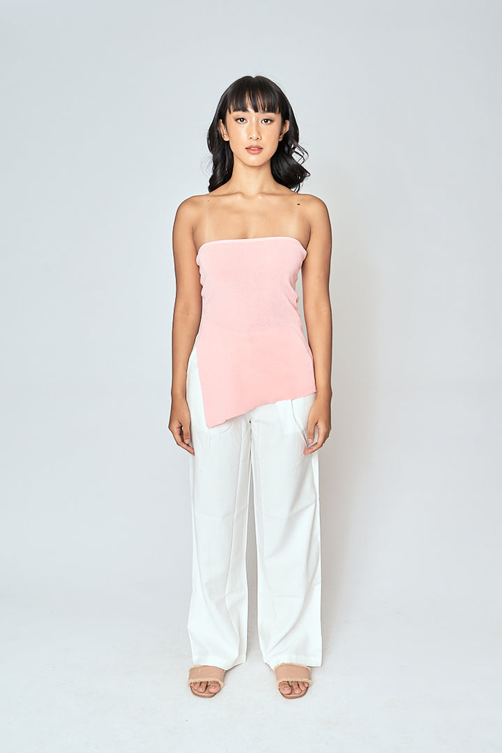 Ramona Pink Knitted Asymmetric Hem Side Slit Tube Long Top