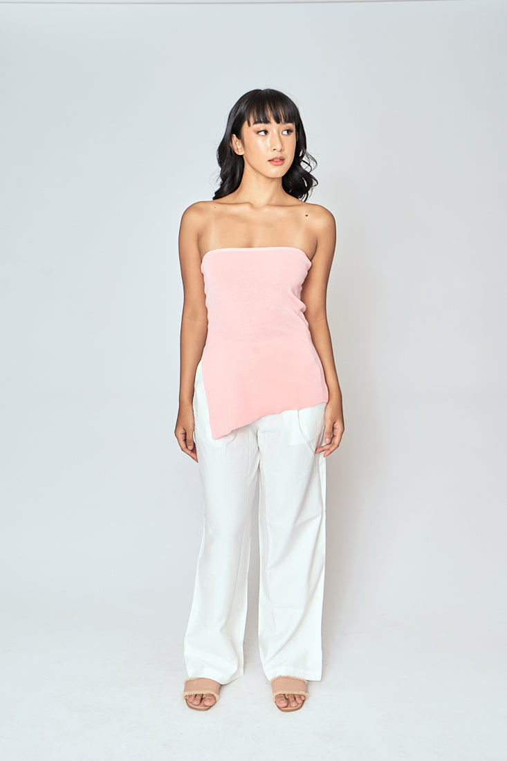Ramona Pink Knitted Asymmetric Hem Side Slit Tube Long Top