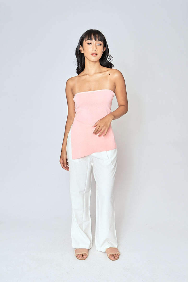Ramona Pink Knitted Asymmetric Hem Side Slit Tube Long Top