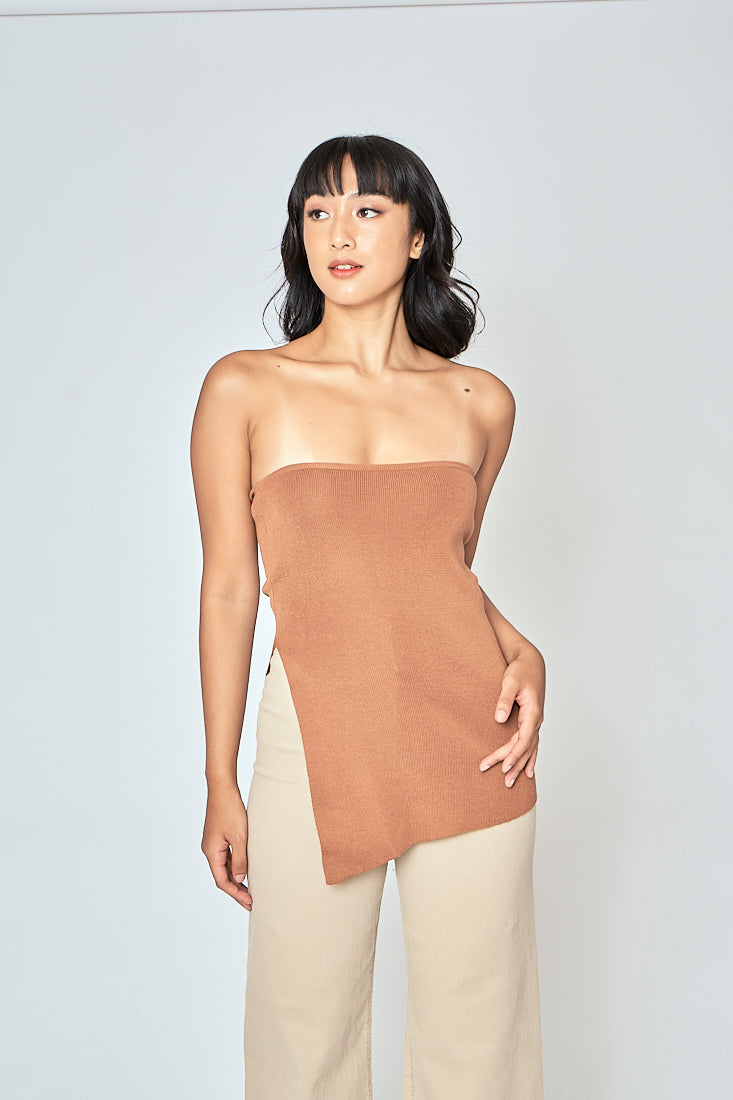 Ramona Brown Knitted Asymmetric Hem Side Slit Tube Long Top