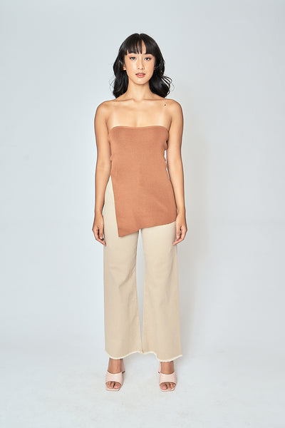 Ramona Brown Knitted Asymmetric Hem Side Slit Tube Long Top