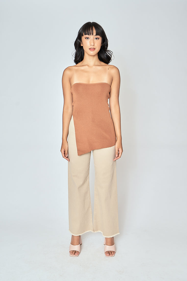 Ramona Brown Knitted Asymmetric Hem Side Slit Tube Long Top