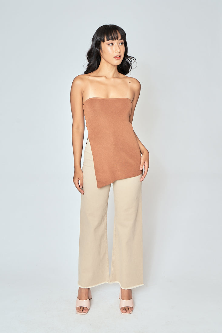 Ramona Brown Knitted Asymmetric Hem Side Slit Tube Long Top