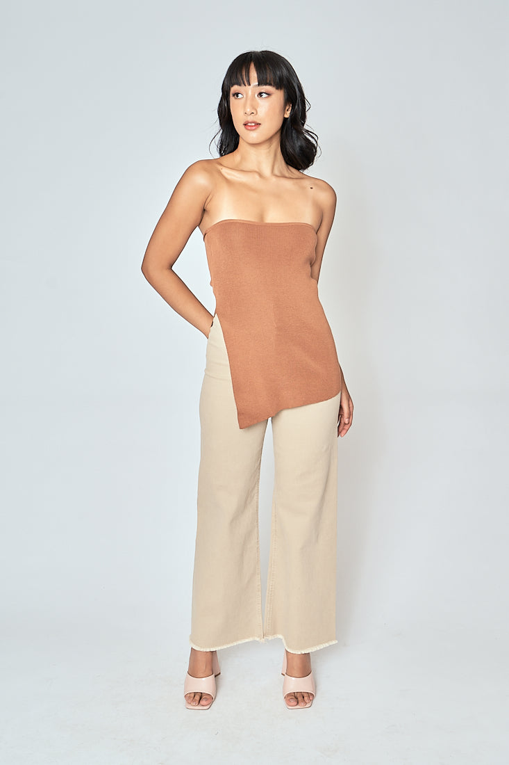 Ramona Brown Knitted Asymmetric Hem Side Slit Tube Long Top