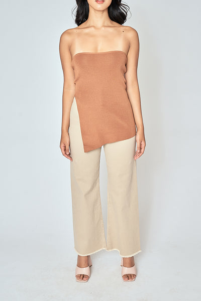 Ramona Brown Knitted Asymmetric Hem Side Slit Tube Long Top