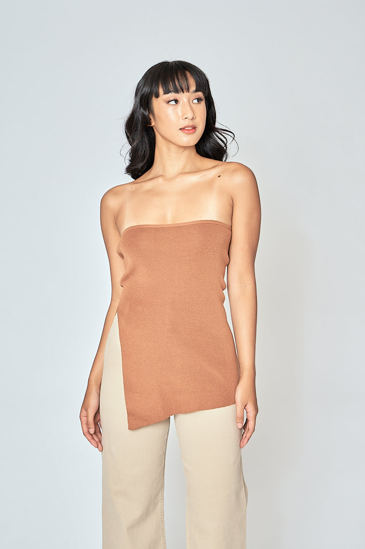 Ramona Brown Knitted Asymmetric Hem Side Slit Tube Long Top