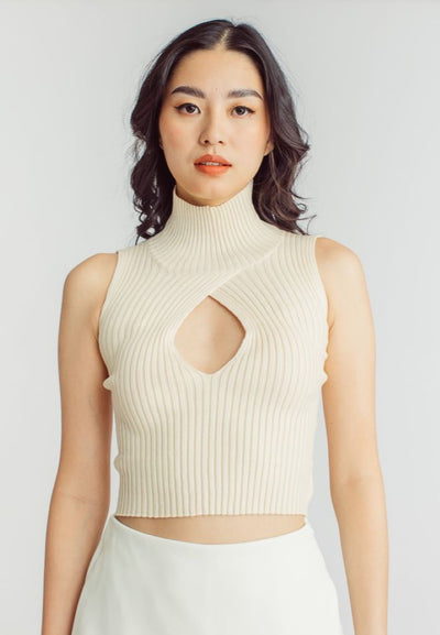 Scarr Beige Knitted Turtle Neck Bust Keyhole Sleeveless Top