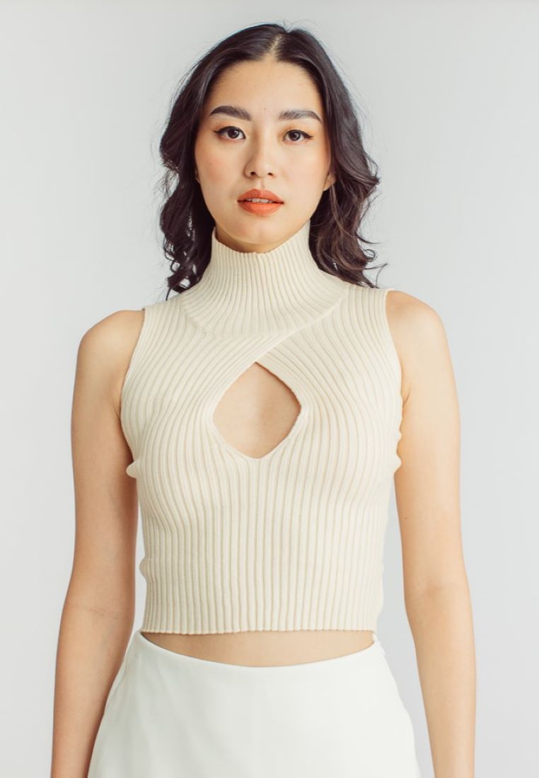 Scarr Beige Knitted Turtle Neck Bust Keyhole Sleeveless Top