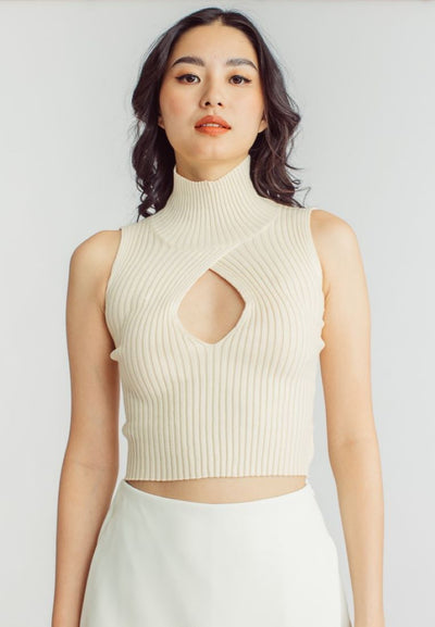 Scarr Beige Knitted Turtle Neck Bust Keyhole Sleeveless Top