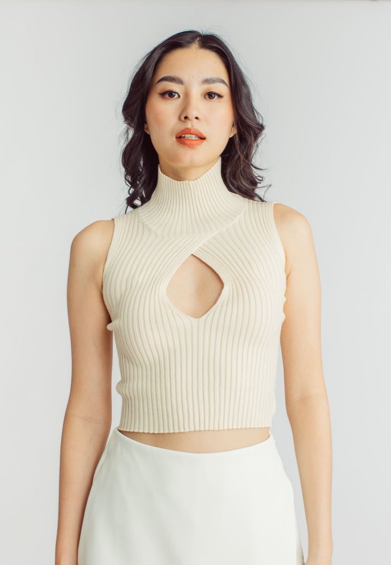 Scarr Beige Knitted Turtle Neck Bust Keyhole Sleeveless Top