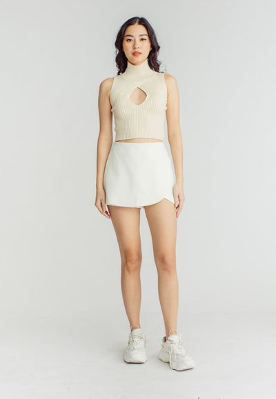 Scarr Beige Knitted Turtle Neck Bust Keyhole Sleeveless Top