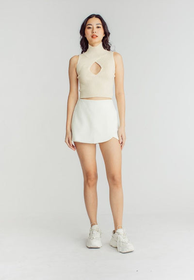 Scarr Beige Knitted Turtle Neck Bust Keyhole Sleeveless Top