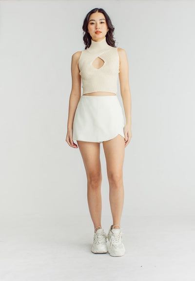 Scarr Beige Knitted Turtle Neck Bust Keyhole Sleeveless Top
