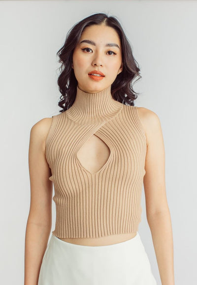 Scarr Brown Knitted Turtle Neck Bust Keyhole Sleeveless Top