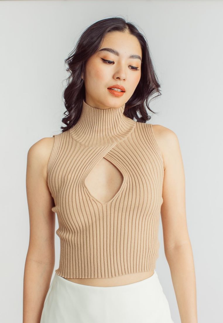 Scarr Brown Knitted Turtle Neck Bust Keyhole Sleeveless Top