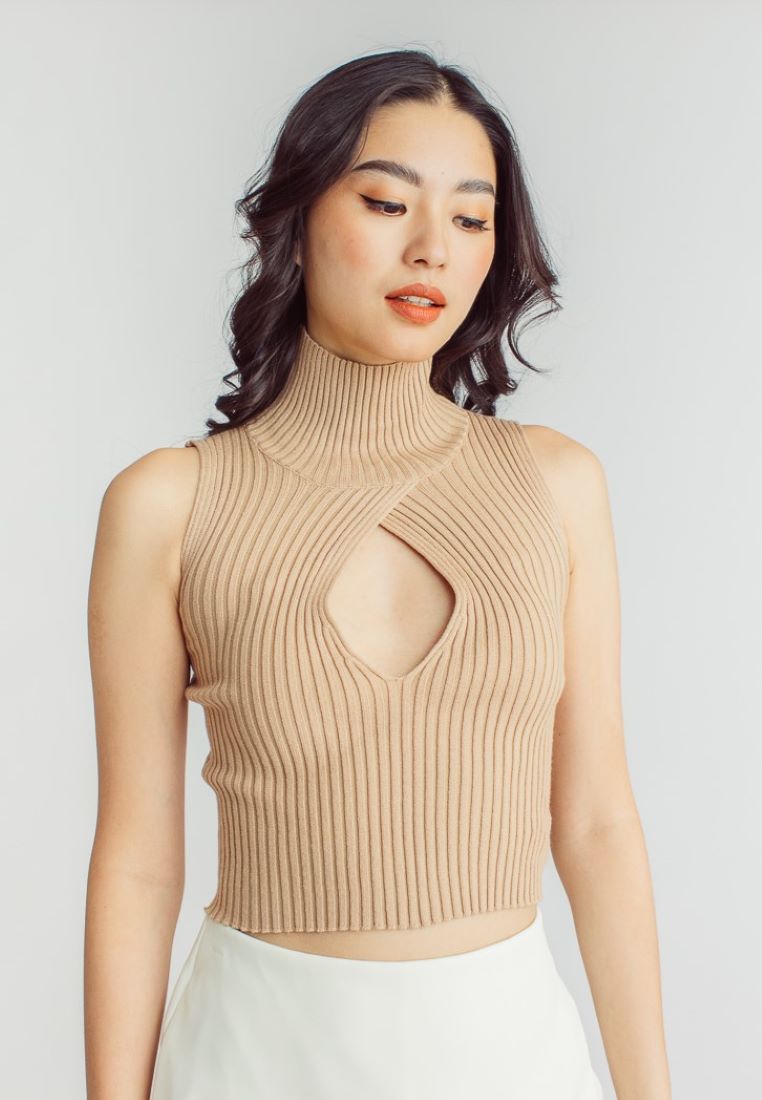 Scarr Brown Knitted Turtle Neck Bust Keyhole Sleeveless Top