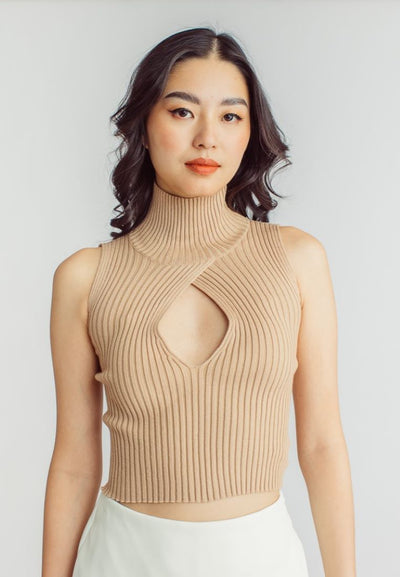 Scarr Brown Knitted Turtle Neck Bust Keyhole Sleeveless Top