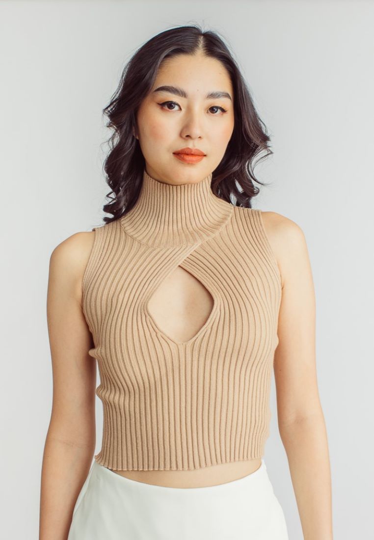 Scarr Brown Knitted Turtle Neck Bust Keyhole Sleeveless Top