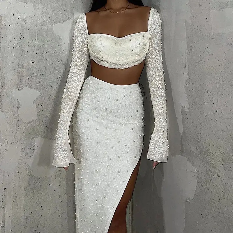 Sydney White Pearl Beaded Flare Long Sleeves Sexy Top and High Slit Midi Skirt Set