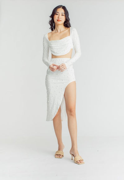 Sydney White Pearl Beaded Flare Long Sleeves Sexy Top and High Slit Midi Skirt Set