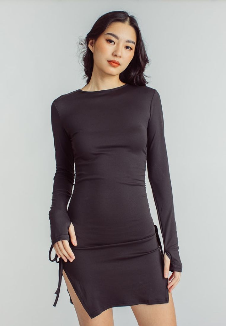 Thornes Black Crew Neck Long Sleeves Ruched Side Slit Bodycon Mini Dress