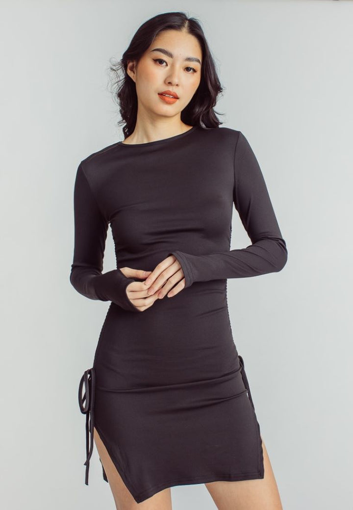 Thornes Black Crew Neck Long Sleeves Ruched Side Slit Bodycon Mini Dress