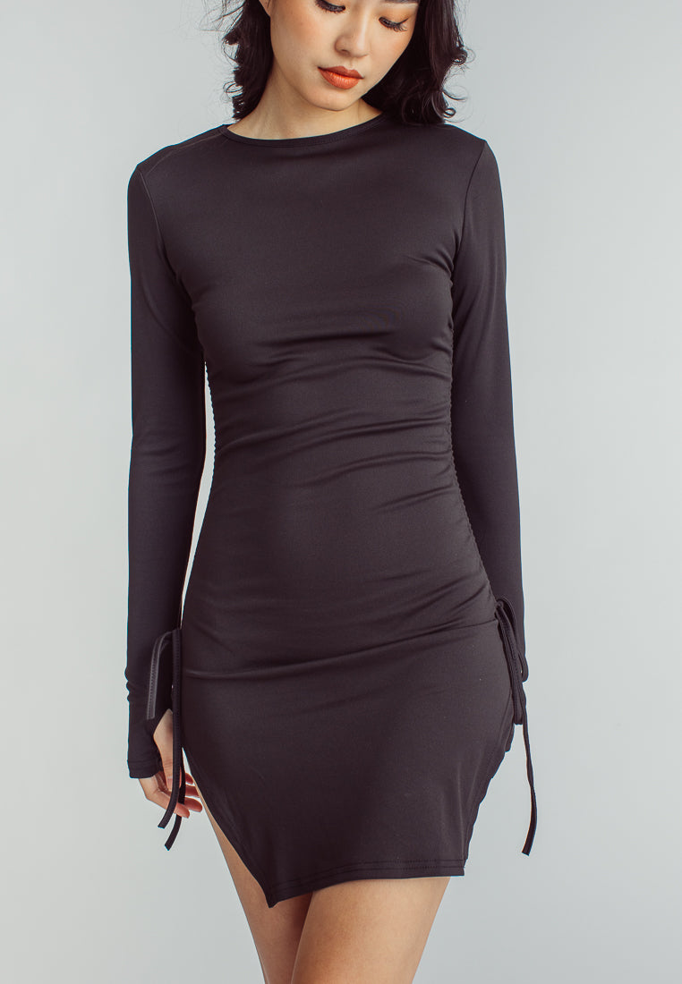 Thornes Black Crew Neck Long Sleeves Ruched Side Slit Bodycon Mini Dress