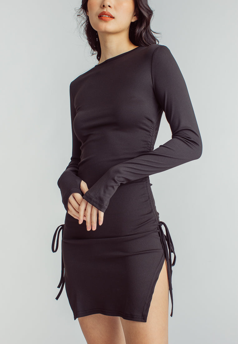 Thornes Black Crew Neck Long Sleeves Ruched Side Slit Bodycon Mini Dress