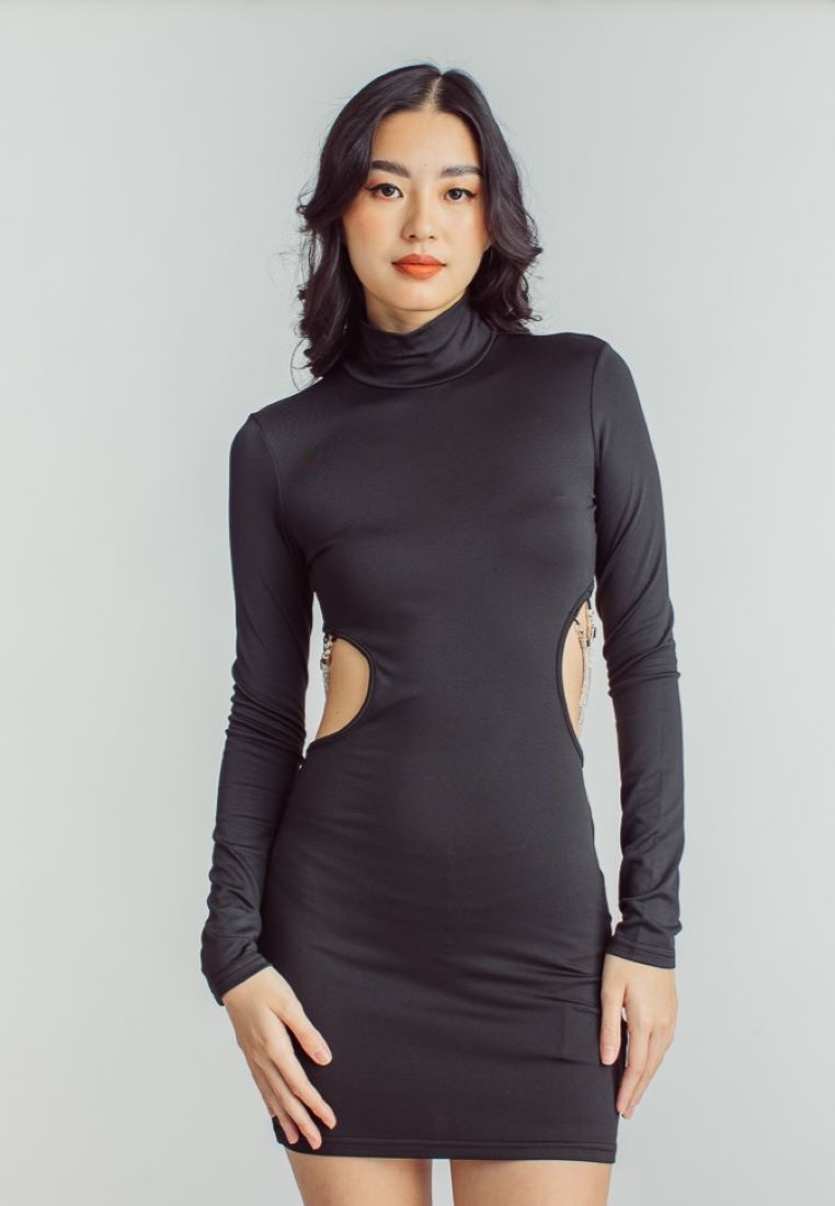 Chanty Black Turtle Neck Long Sleeves Sexy Chain Hollow Out Back Bodycon Mini Dress