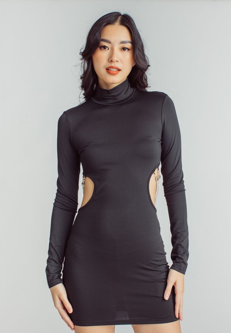 Chanty Black Turtle Neck Long Sleeves Sexy Chain Hollow Out Back Bodycon Mini Dress