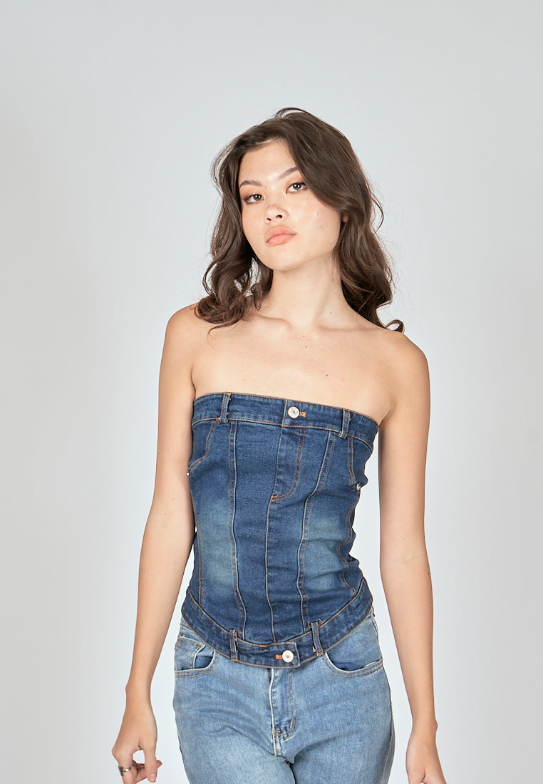 Thaya Blue Denim Back Zipper Lined Tube Top