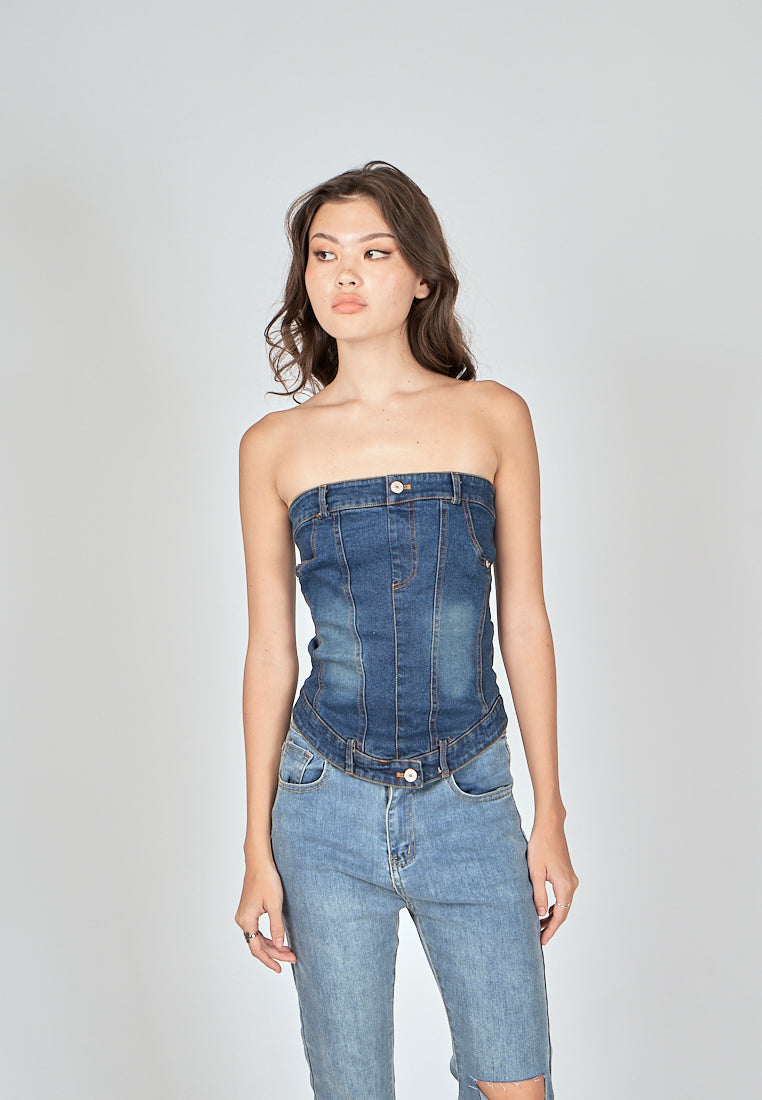 Thaya Blue Denim Back Zipper Lined Tube Top