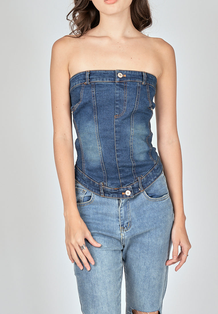 Thaya Blue Denim Back Zipper Lined Tube Top