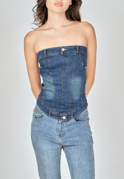 Thaya Blue Denim Back Zipper Lined Tube Top