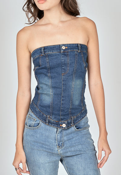 Thaya Blue Denim Back Zipper Lined Tube Top