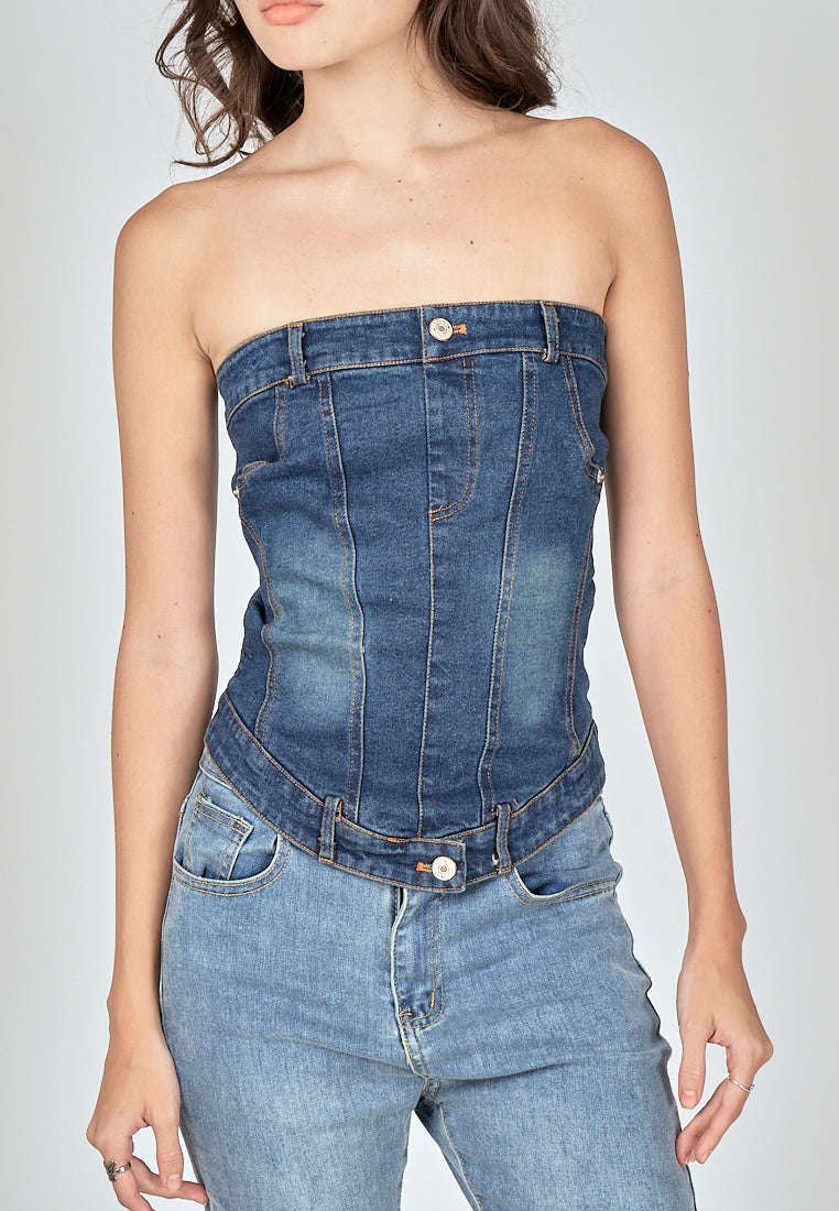 Thaya Blue Denim Back Zipper Lined Tube Top