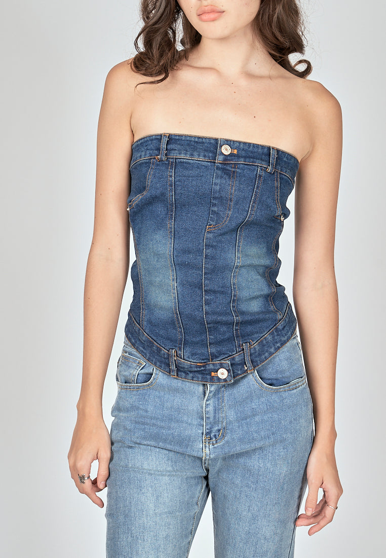 Thaya Blue Denim Back Zipper Lined Tube Top