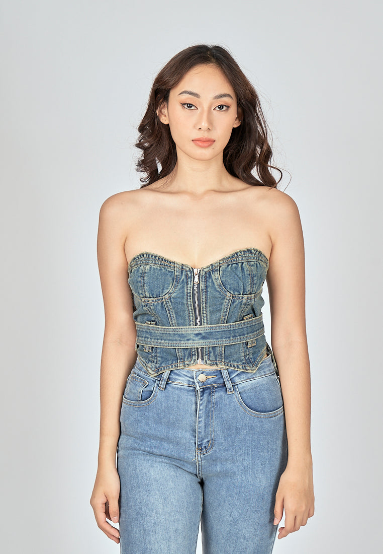 Kelly Blue Denim Sweetheart Neckline Zip Up Tube Top with Belt