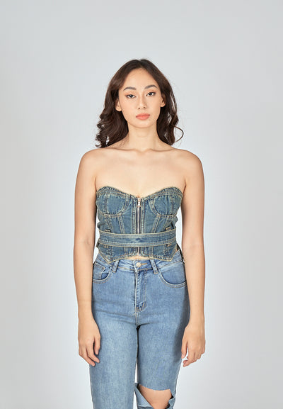 Kelly Blue Denim Sweetheart Neckline Zip Up Tube Top with Belt