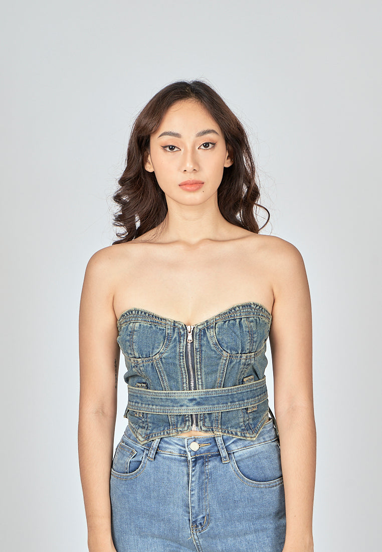 Kelly Blue Denim Sweetheart Neckline Zip Up Tube Top with Belt