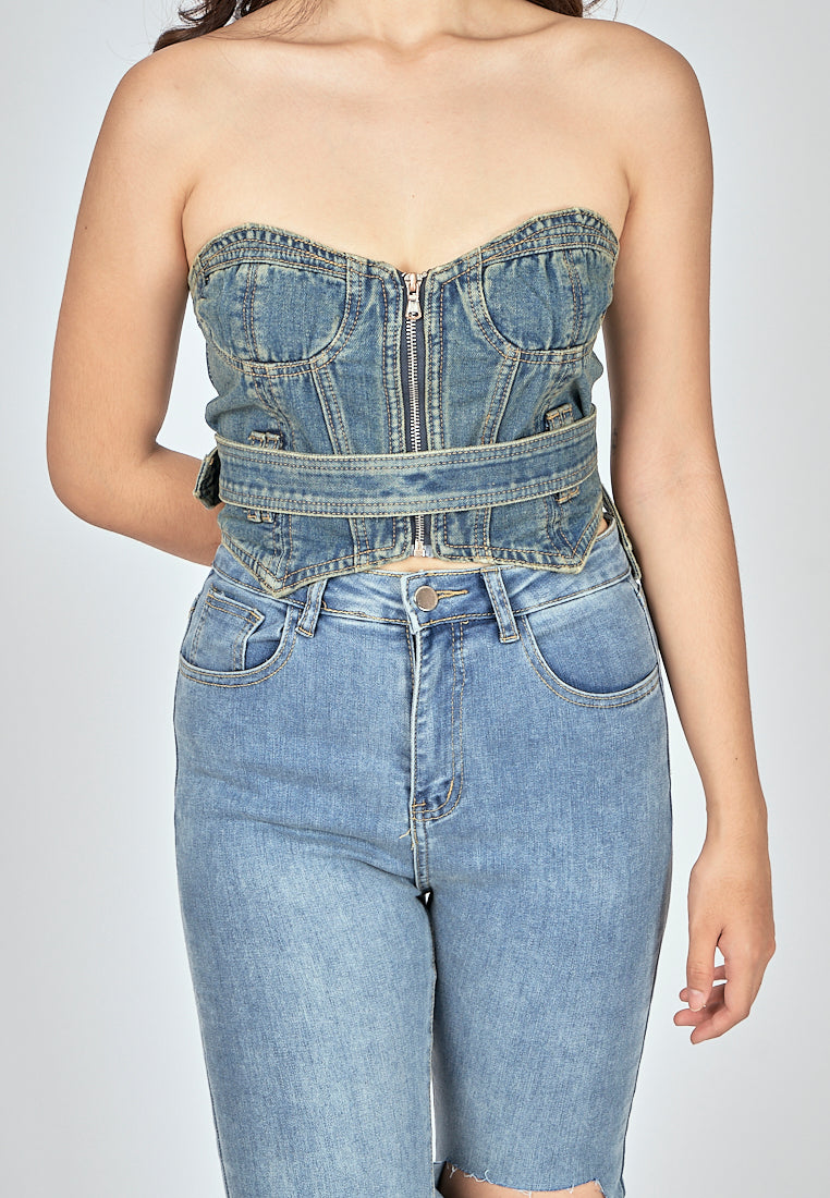 Kelly Blue Denim Sweetheart Neckline Zip Up Tube Top with Belt