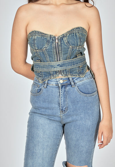 Kelly Blue Denim Sweetheart Neckline Zip Up Tube Top with Belt