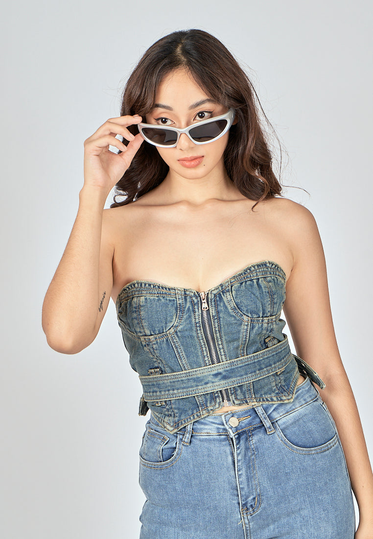 Kelly Blue Denim Sweetheart Neckline Zip Up Tube Top with Belt