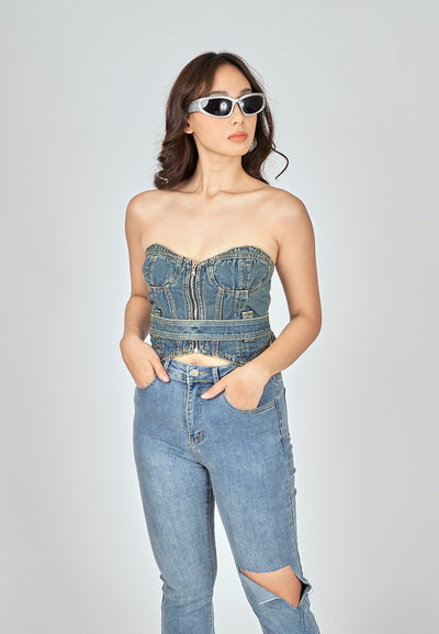 Kelly Blue Denim Sweetheart Neckline Zip Up Tube Top with Belt