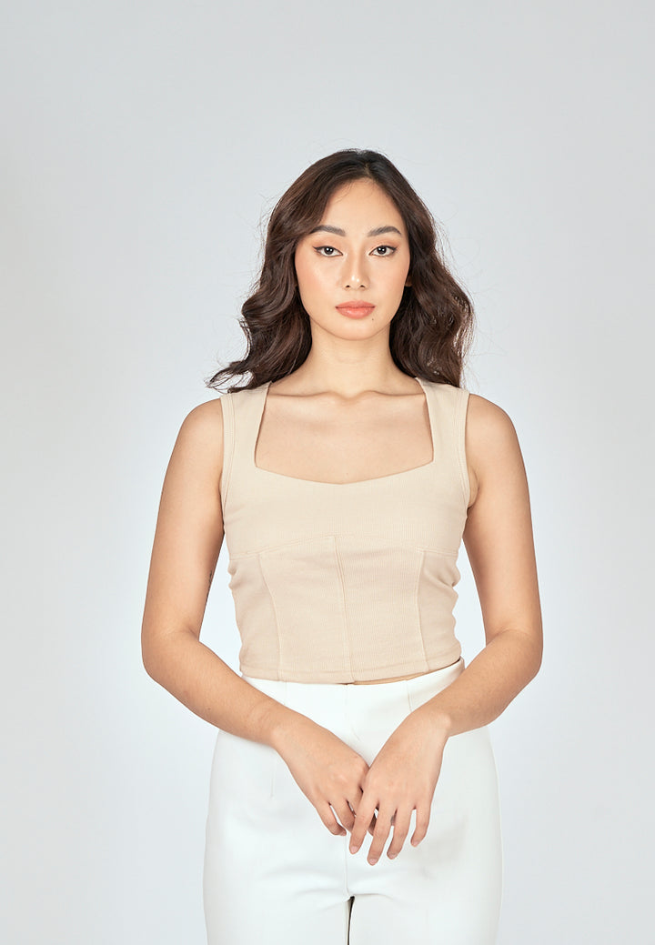 Loona Beige Knitted Square Neck Lined Sleeveless Top