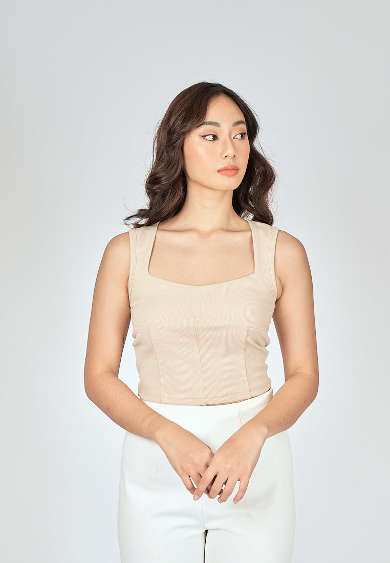 Loona Beige Knitted Square Neck Lined Sleeveless Top