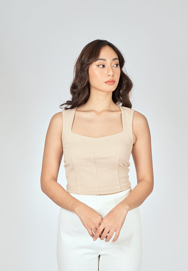 Loona Beige Knitted Square Neck Lined Sleeveless Top
