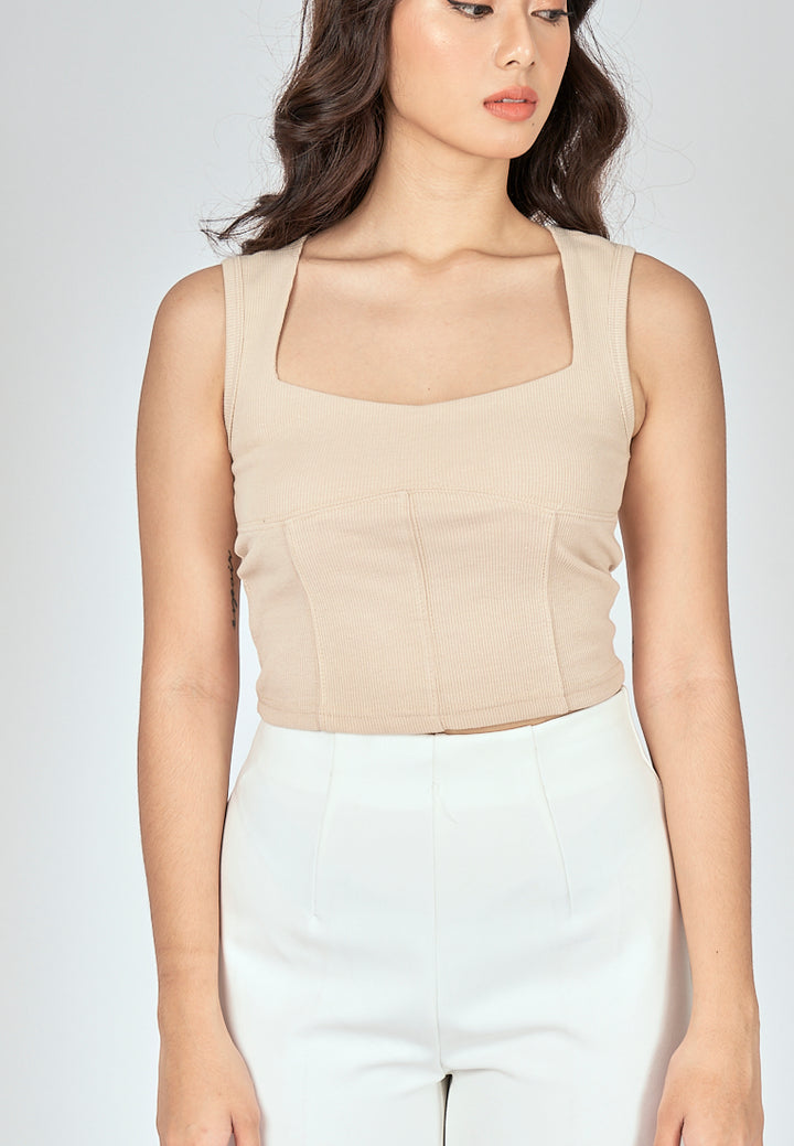 Loona Beige Knitted Square Neck Lined Sleeveless Top