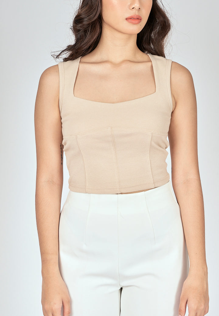 Loona Beige Knitted Square Neck Lined Sleeveless Top